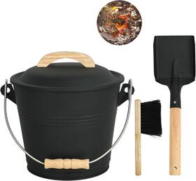 Tz028-05 Annie Garden Ash Bucket With Lid And Shovel Hand Broom Gloves 1.5 Gallon Small Black