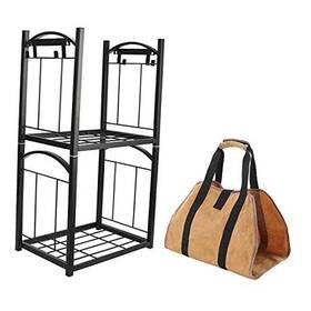 Firewd-2t Baike Fireplace Log Rack With Removable Hanging Hooks And Waxed Canvas Firelog 2 Tier