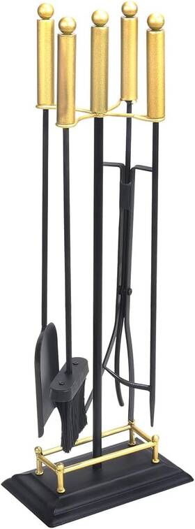 96325 Barton 5pc Fireplace Tools Black And Gold Wrought Iron With Stand &