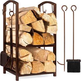 Best Choice Products 445053636616 5-piece Indoor Outdoor Wrought Iron Firewood Log Storage Rack Holder Firepit Too
