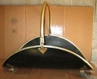 Black Bin Holder Brass Log Fireplace Vtg Basket - Wood Metal Handle Kindling