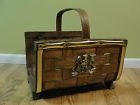 Brass Wood Basket Vtg Log Oak Slat Cabin Emblem Rustic Decor Weave Eagle Holder