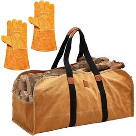 Bo-buryeah-1314 Buryeah 2 Pcs Firewood Carrier Tote And Welding Gloves Waxed Canvas Log Carri