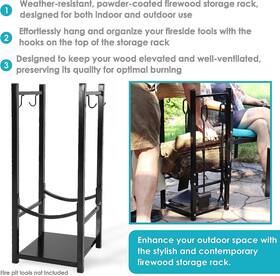 Decor 313025257206 32 Inch Firewood Rack Outdoor With Hooks - Powder-coated Steel- Indoor Firepl