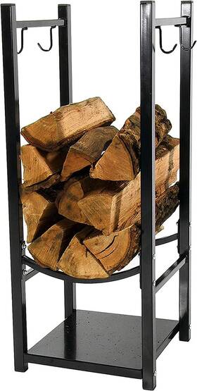 Decor 445038359387 32 Inch Firewood Rack Outdoor With Hooks - Powder-coated Steel- Indoor Fireplace