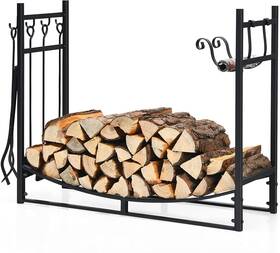 Vr-fr81925 Fireplace Firewood Rack With 4 Tools 36 Inch Indoor Outdoor Steel Wood Organizer