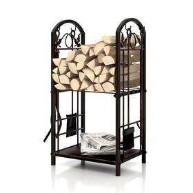 Flohover 970617610326 5-piece Wrought Iron Firewood Log Storage Rack Holder Tools Set For Indoor Ou