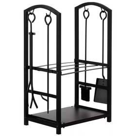 Gardenised 711181365078 Indoor And Outdoor Patio Iron Firewood Log Cart With Fireplace Tool Rack Black