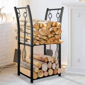 Greener 313047440464 2 Tier Indoor Firewood Rack Hooks Portable Heavy Duty Log Holder Storage Stand
