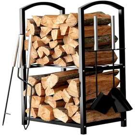 Home-it 810078573654 Firewood Rack Outdoor Indoor 2 Tier Holder With Fireplace Tools Brush