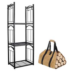 Izlif 606688903987 3 Tier Fireplace Log Rack With Removable Hanging Hooks And Waxed Canvas Firel