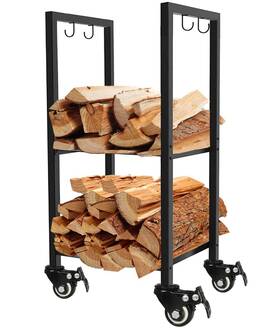 Koutemie 788499983492 2 Tiers Small Firewood Log Storage Rack Holder With Wheels For Indoor F