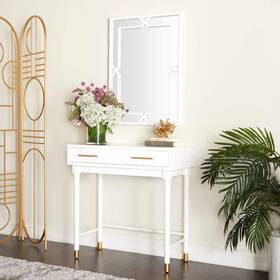 040633 Litton Lane 31 Inch White Extra Large Rectangle Wood Single Drawer Console Table With Mirror