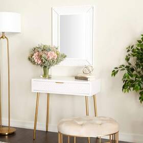 040934 Litton Lane 31 Inch White Extra Large Rectangle Wood Single Drawer Console Table With Mirror