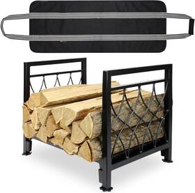 Myfireplacedirect 695637607342 Firewood Rack With Log Bag - Heavy Duty Steel Indoor Outdoor Wood Storage