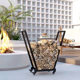 Us842-350v00bk0141 Outsunny 31 Inch Outdoor Firewood Rack Metal Log Holder With Wheels Hooks