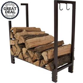 Sunnydaze 744759822369 Fireplace Firewood Log Rack Wood Storage 30 Inch Durable Holder Hanging Hooks Bronze