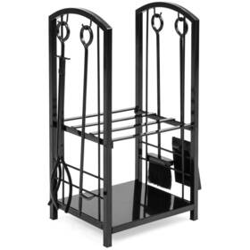 Timmyhouse 649106462208 Wrought Iron Firewood Log Rack Set Poker Hook Brush Shovel Tong Grabber Black