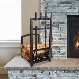 80-fpts-3 Trademark Global Lavish Home 5-piece Fireplace Tool Set And Log Rack - Mission-style Firewood Hol