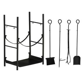 Uirio 732845915293 2-tier Fireplace Log Storage Rack 18 Inch Firewood Holder With Poker Tongs Hooks