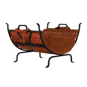 Uniflame 313025738767 Black Wrought Iron 22 Inch W Firewood Rack With Brown Suede Leather Carrier