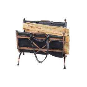 Uniflame 445048149121 Antique Copper Finish Firewood Rack With Handcrafted Black Leather Carrier