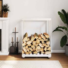 832326 Vidaxl Log Holder With Wheels Rolling Firewood Rack White Solid Wood Pine