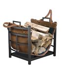 Wood Firewood Carrier Fireplace Cottage Camp Bin Stove Leather Log Home