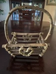 Adirondack Style Twig Heart Basket With High Arched Handle Natural Wood. Fixed Price $83.00.