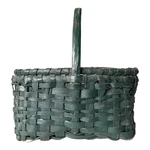 Antique Dark Green Painted Split Oak Gathering Basket With Bentwood Handle. Fixed Price $185.00.