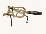 Antique Brass Fireplace Trivet Kettle Stand Lyre Design Wood Handle Hearth. Fixed Price $74.99.