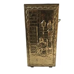 Vtg Brass Repousse Wood Fireplace Box + Ash Catcher Umbrella Stand Lion Heads. Fixed Price $179.99.
