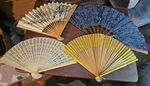 (4) Vtg Oriental Folding Hand Held Wood Paper Fabric Plastic Fans. Fixed Price $26.00.
