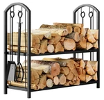 Beauty Fireplace Wood Log Rack 5-PC Storage Holder W/ Tongs Poker Shovel Br. Fixed Price $101.98.