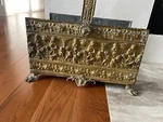 Early Antique Brass Ornate Claw Foot Hand Hammered Log Holder.. Fixed Price $414.00.