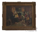 F72576: J. Cotton Oil Canvas Painting Of Noblemen By Fireplace - Signed. Fixed Price $1695.00.