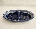 Boleslawiec Blue Greek Key Green Dots Polish Pottery Oval Bowl Divided Dish. Fixed Price $36.99.