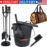 Ash Bucket W/ Lid Shovel & 5 Pcs Fireplace Tools Set Firewood Log Carrier Bag. Fixed Price $95.86.