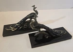 Vintage Hollywood Regency Peacock Cast Iron Bookends Black Marble Bases Used. Fixed Price $219.00.