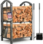 Indoor Firewood Rack With 5-PIECE Fireplace Tools Set, Wrought Iron Log Holder. Fixed Price $62.95.