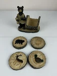 Rustic Bear Coaster Set W/ Holder Woodland Cabin Lodge Decor Log Slice Wildlife. Fixed Price $25.65.