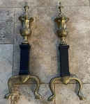 Pair Of Late 20TH Century Regency Style Brass Black Cast Andirons. Fixed Price $95.00.