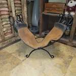Vintage Black Wrought Iron Fireplace Log Holder Suede Leather Carrier Tote. Fixed Price $175.00.