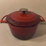 Vintage Red Flame Enameled Cast Iron 8 Dutch Oven Pot W/ Lid Cook's Tools. Fixed Price $79.00.