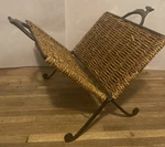 Vtg Magazine Style Log Holder Wrought Iron And Basket Weave W/ Deer Design Rack. Fixed Price $62.30.