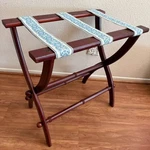 Vintage Bombay Company Mahogany Folding Luggage Rack Blue &beige Jacquard Straps. Fixed Price $158.00.