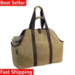 Khaki Waxed Canvas Log Carrier With Dual Compartment - Perfect For Fireplaces. Fixed Price $56.99.