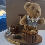 Vintage Log Bear Brown Plush Collector W/ Blue Gingham Outfit Wood Base. Fixed Price $10.99.
