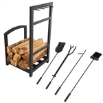Iron Log Rack And Fireplace Set Tools Brush Tongs Poker Dust Pan 27 Inch High. Fixed Price $89.99.