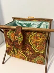 Vtg Mcm Sewing Caddy Basket Yarn Bag Folding Flat Wood Frame Fabric W/ Hang Tab. Fixed Price $45.00.